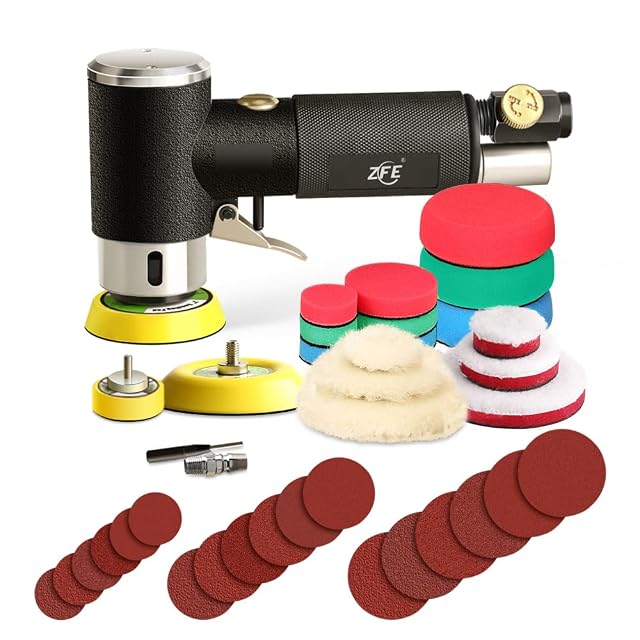 ZFE mini random orbital air sander with backing plates and pads