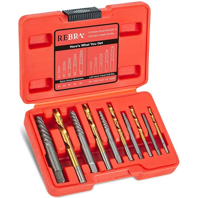 REBRA 10-piece screw extractor set with left-hand drill bits