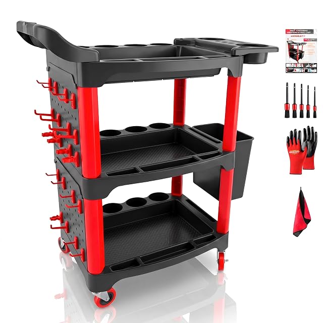 DESEQPT three tier rolling auto detailing cart with hooks