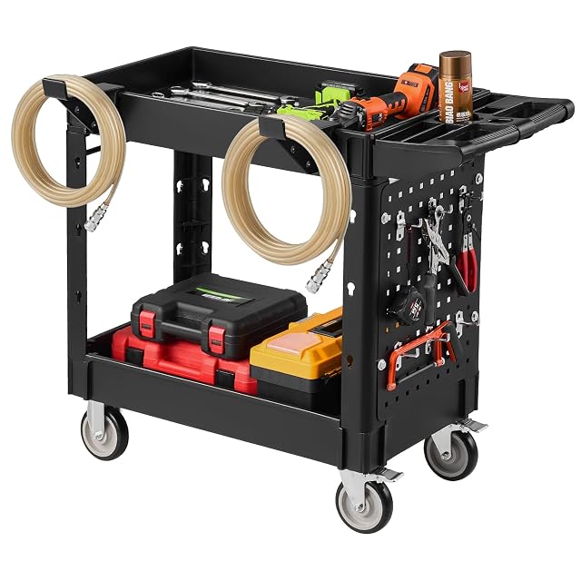 VEVOR two-tier utility cart with pegboard and metal hooks